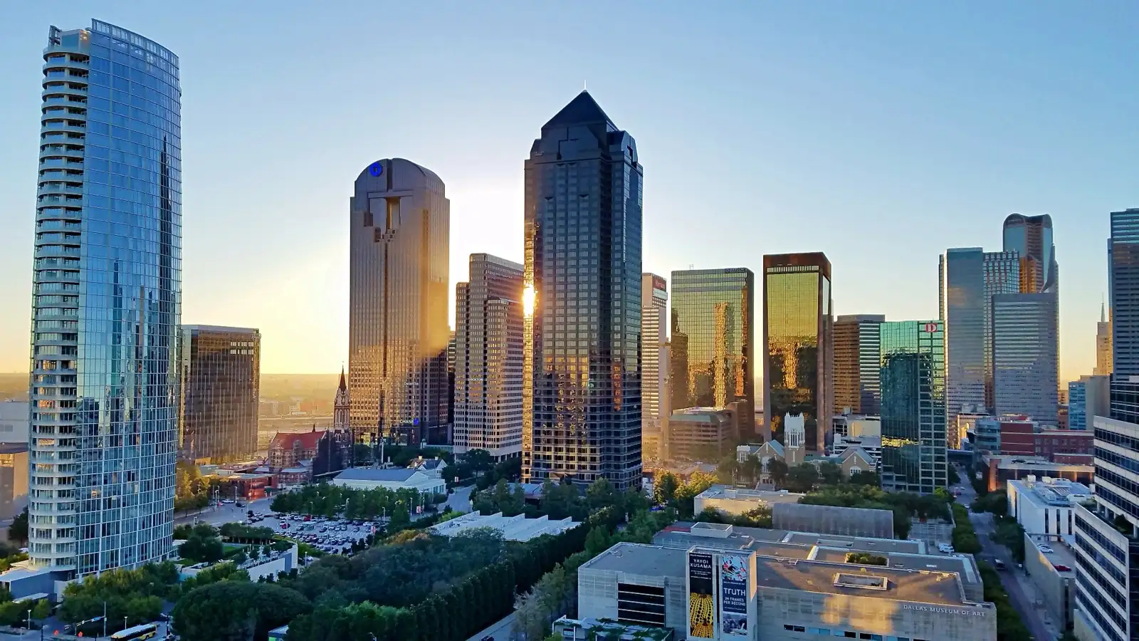 The downtown Dallas, Texas skyline with the Arts District in the foreground. GAW Solutions is headquartered in Dallas.